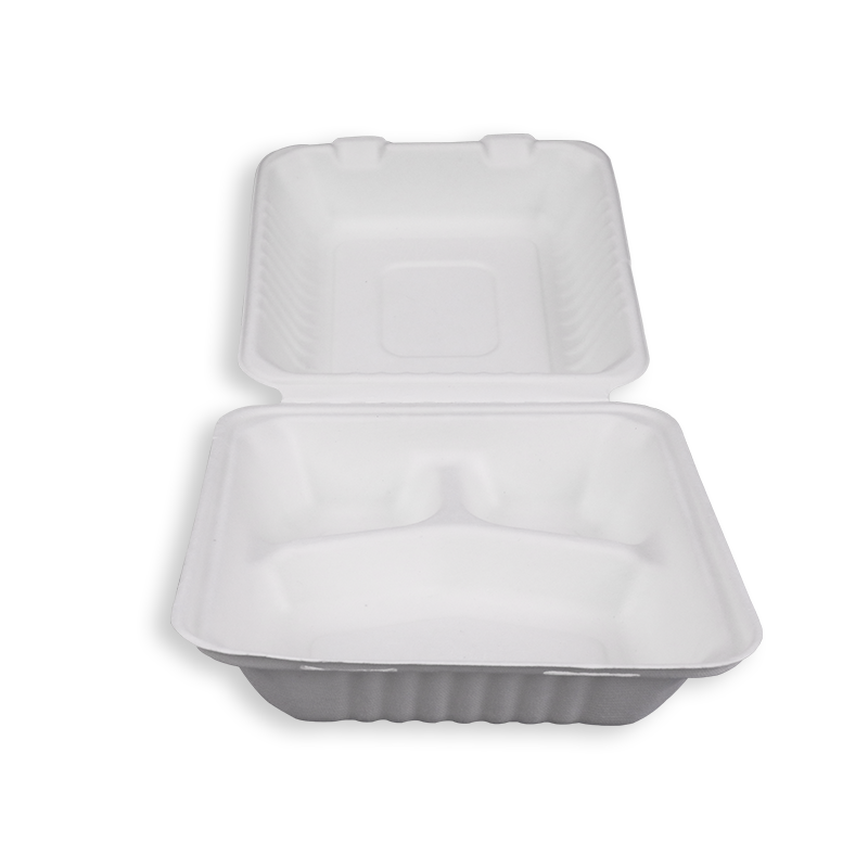 8 x 8 x 3 Sugarcane Bagasse 3 Compartment Clamshell Container